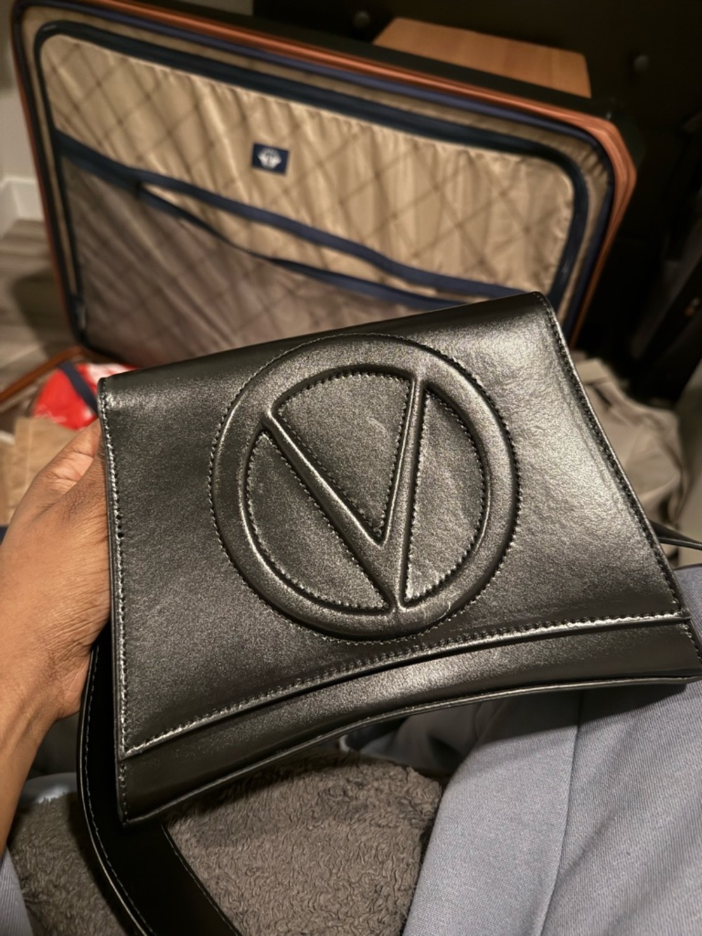 Mario Valentino Black Leather Crossbody with Embossed V Logo - Picture 2 of 2